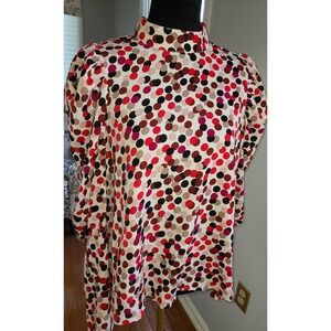 Girl In Mind Womens Polka Dot Print Blouse Extra Puffy Sleeves Pink‎ Brown Sz 12
